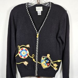 Vtg Susan Bristol Hand Embroidered cardigan novelty zip front nautical Sailing